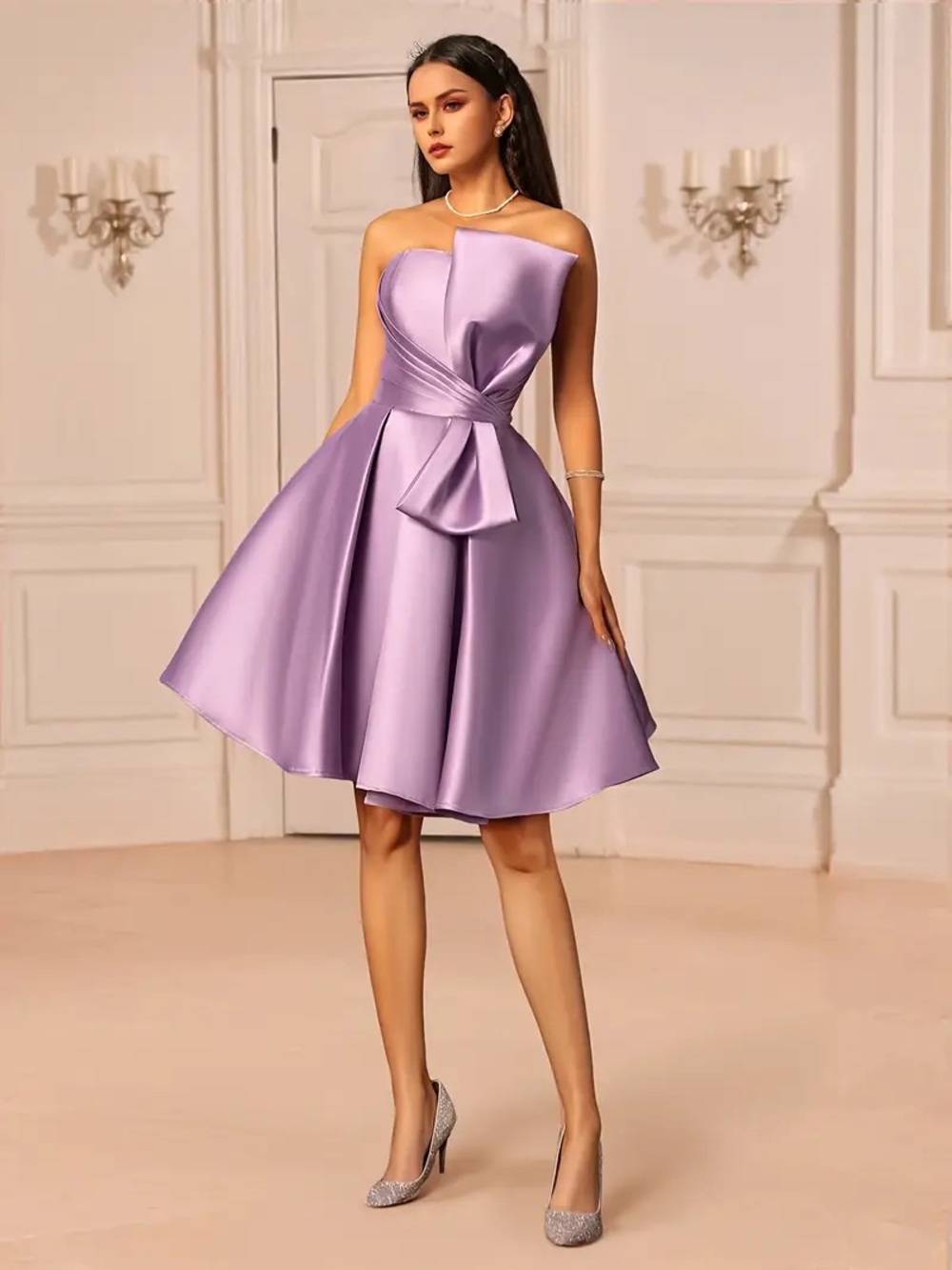 Prince Strapless Lilac Satin Cocktail Dress with Waist Bow